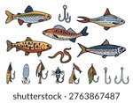 Colored doodle fishing hooks, lure, baits and fishes. Vintage trout, salmon, anchovy clipart. Vector retro illustrations of fishing equipment
