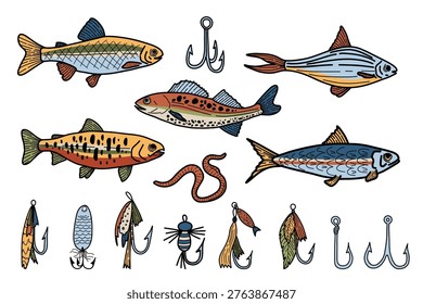 Colored doodle fishing hooks, lure, baits and fishes. Vintage trout, salmon, anchovy clipart. Vector retro illustrations of fishing equipment