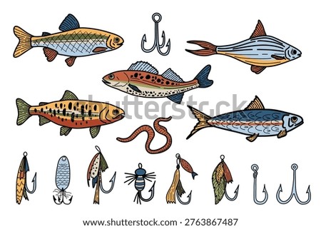 Colored doodle fishing hooks, lure, baits and fishes. Vintage trout, salmon, anchovy clipart. Vector retro illustrations of fishing equipment