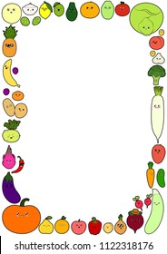 Colored doodle frame with various fruits and vegetables with emotions face isolated on white background. Vector art.