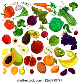 Colored doodle fruits and vegetables. Hand drawing. Vector sketch illustration of healthy food. Vector graphics eps 10