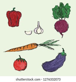 Colored doodle fruits and vegetables. Vector sketch illustration of healthy food. - Vector illustration