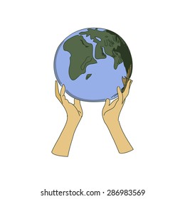Colored doodle globe in women hands, excellent vector illustration, EPS 10