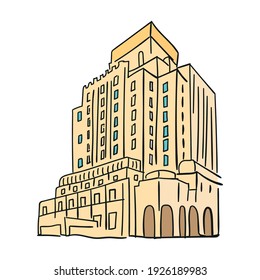 Dibujo de Doodle de colores dibujado a mano de un edificio moderno alto con ventanas. Borde negro. Ilustración del vector aislada en fondo blanco