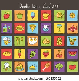 Colored doodle icons. Food set. Vector illustration