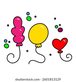 Colored doodle illustration set of different types of balloons on white background