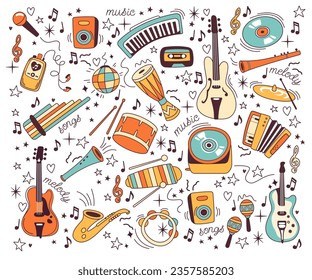 Colored doodle music instrument, melody sound note element and creative inscription text set. Rock, jazz, blues and classic musical song concert equipment drawing vector illustration in retro style