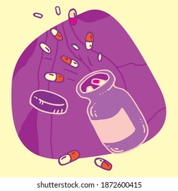 Colored doodle An open jar with pills flying out of it