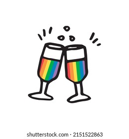 Colored doodle pair of wine glasses. Pride month. Vector illustration