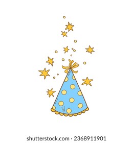 Colored doodle party hat with yellow stars isolated on a transparent background, vector illustration