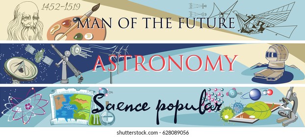 Colored doodle science horizontal banners with with scentific elements objects equipment and tools vector illustration