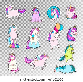 Colored doodle set of cute unicorn. Vector sketch illustration of unicorn emotions sticker. Cute happy character. Teen popular theme.