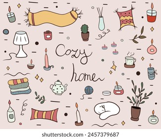 Colored doodle set with elements related to comfort. Illustration of a cozy home for banners, textiles and packaging. Set of graphic elements with lettering