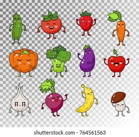 Colored doodle set of fruits and vegetables. Vector sketch illustration of healthy food. Vegetable and fruit cute happy character.