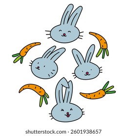 Colored doodle set of rabbits, hares and carrots on a white background