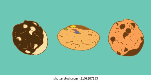 Colored doodle. Set of three cookies. Chocolate cookies with white chocolate chips, vanilla cookies with multi-colored sprinkles, vanilla cookies with milk chocolate. On a blue background. Vector