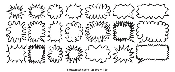 Burbujas de discurso de doodle de colores delinean y Formas de burbujas, burbujas de discurso redondas, ovaladas y rectangulares con trazo negro. Estrellas creativas y coloridas. Ilustración vectorial.