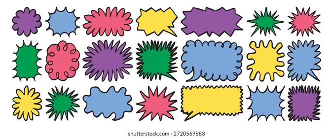 Burbujas de discurso de doodle de colores delinean y Formas de burbujas, burbujas de discurso redondas, ovaladas y rectangulares con trazo negro. Estrellas creativas y coloridas. Ilustración vectorial.