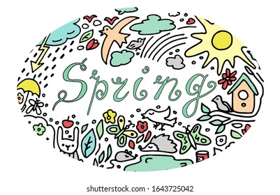 Colored Doodle Spring. Birds, sky, aminals. Vector sketchy line art Doodle cartoon set of objects and symbols on the Spring nature theme in circle form. White background