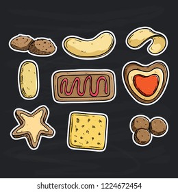 colored doodle style of biscuits or cookies collection on chalkboard background