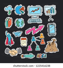 colored doodle style of business icons collection on chalkboard background