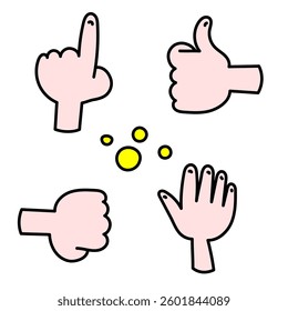 Colored doodle style illustration set of hand gestures: palm, fist, like and index finger on white background