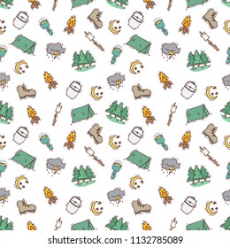 colored doodle style of summer camp icons in seamless pattern on white background