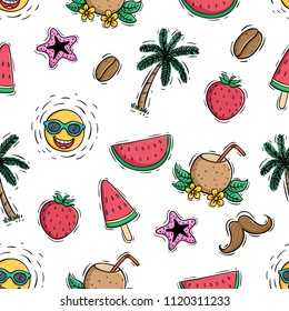 colored doodle style of summer icons in seamless pattern