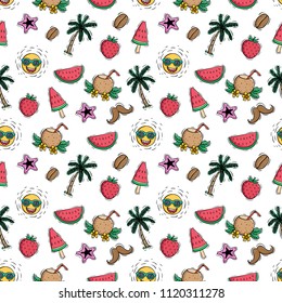 colored doodle style of summer icons in seamless pattern on white background