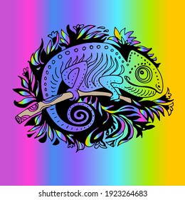 Colored Doodle Stylized Chameleon Hand Drawn Isolated on Gradient Rainbow Background. Hand drawn reptile vector Illustration in cartoon style. Tropical Animal Collection. 