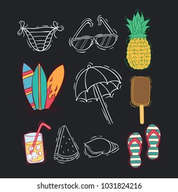 colored doodle summer icons collection on chalkboard background