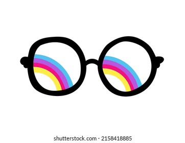 Colored doodle sunglasses in 1970 vibe style. Groovy hippie aesthetics with rainbow. Vector illustration isolated on white background