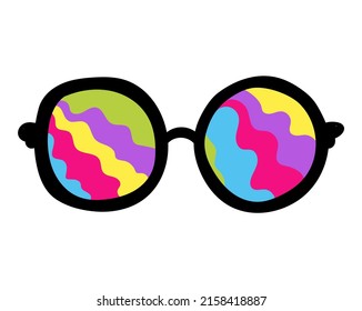 Colored doodle sunglasses in 1970 vibe style. Groovy hippie aesthetics with rainbow. Vector illustration isolated on white background