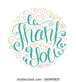 Colored doodle typography poster with curly ornament. Cartoon cute card with blue lettering - Thank you. Hand drawn romantic vector illustration isolated on white background.