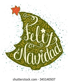 Colored doodle typography poster with green christmas tree. Cartoon cute card on celebration theme with lettering text - Feliz Navidad. Hand drawn vector illustration isolated on white background.