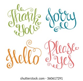 Colored doodle typography quotes. Cute romantic lettering - Sorry, Thank you, Please Yes, Hello. Hand drawn curly vector illustration isolated on white background.