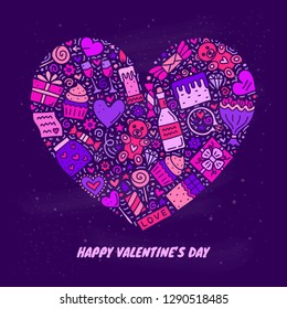 Colored doodle Valentine's day icons composed in heart shape.