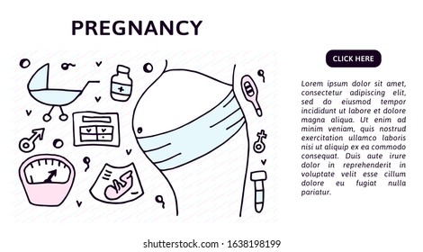 Colored Doodle vector illustration of pregnant woman with motherhood symbols. Pregnancy, expectations and birth concept for web banners, hero images, printed materials. Text box, head and background