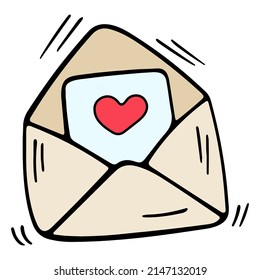 Colored doodle vector letter envelope with heart. Hand drawn logo or icon with thin black line.
