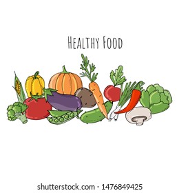 Colored Doodle vegetables isolated on white background.