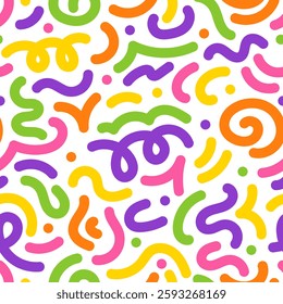 Colored doodles bold lines and swirls seamless pattern. Design for fabric, wrapping paper, wallpaper. Vector illustration.