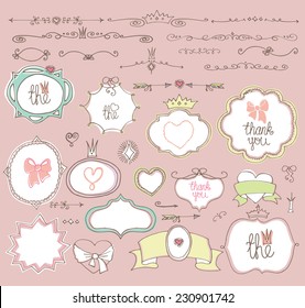 Colored Doodles border, labels,badges,frame,arrow,hearts,crown,love decor elements set.For design templates,invitation.Hand drawing style. For wedding,Valentine day,holiday,baby design,birthday.Vector