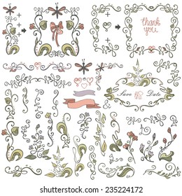 Colored Doodles border,frame,brushes,floral decor elements set .For design template,invitation,card. For wedding,Valentine day,holiday,Easter,birthday.Easy to make your frame design.Vector