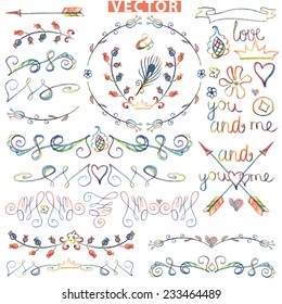 Colored Doodles border,frame,floral decor elements set .Watercolor,pencil sketched.For design template,invitation,card.For wedding,Valentine day,holiday,Easter,birthday.Love Vector