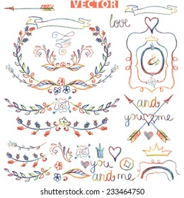 Colored Doodles border,frame,floral decor elements set .Watercolor,pencil sketched.For design template,invitation,card.For wedding,Valentine day,holiday,Easter,birthday.Love Vector