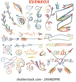 Colored Doodles floral decor elements set .Watercolor,pencil hand drawing sketched.For design template,invitation,card tor wedding,Valentine day,holiday,Easter,birthday.Love Vector
