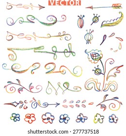 Colored Doodles floral decor elements set .Watercolor,pencil crayon hand drawing sketched.For design template,invitation,card.Wedding,Valentine day,holiday,Easter,birthday.Love Vector