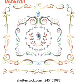 Colored Doodles floral decor set .Watercolor,pencil hand drawing sketched.For design template,invitation,card.Frame,border,dividers.Love Vector for wedding,Valentine day,holiday,Easter,birthday.