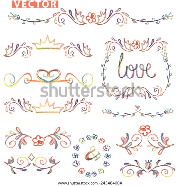 Colored\
Doodles floral decor set .Watercolor,pencil hand drawing\
sketched.For design\
template,invitation,card.Frame,border,dividers.Love Vector for\
wedding,Valentine\
day,holiday,Easter,birthday.