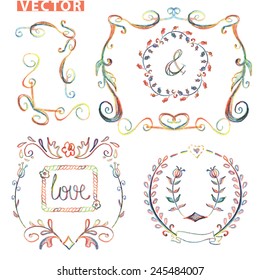 Colored Doodles floral,wreath decor set.Watercolor,pencil hand drawing sketched.For design template,invitation,card.Frame,border,dividers.Love Vector for wedding,Valentines day,holiday,Easter,birthday.